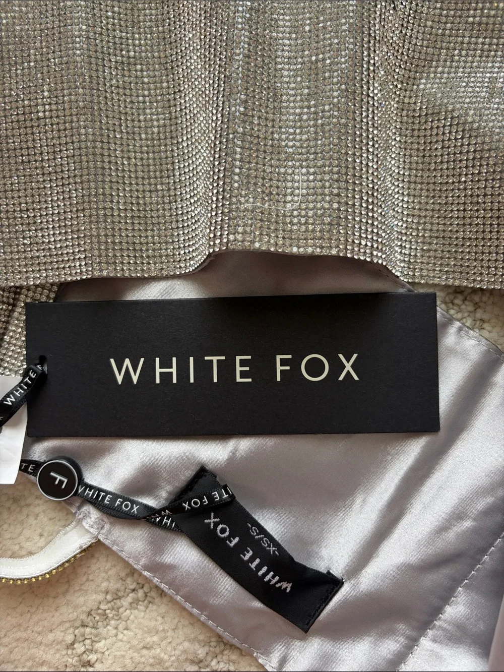 White Fox Rhinestone Bandeau Crop Top with Straps - Silver